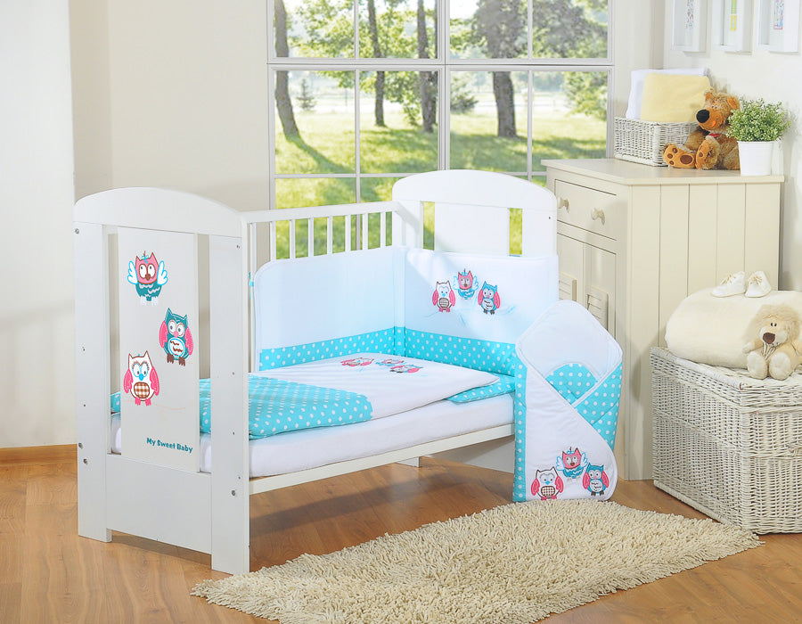 Baby bedding set 120x90 cm with bumper 3-pcs Turquoise Owls with pink and turquoise embroidery