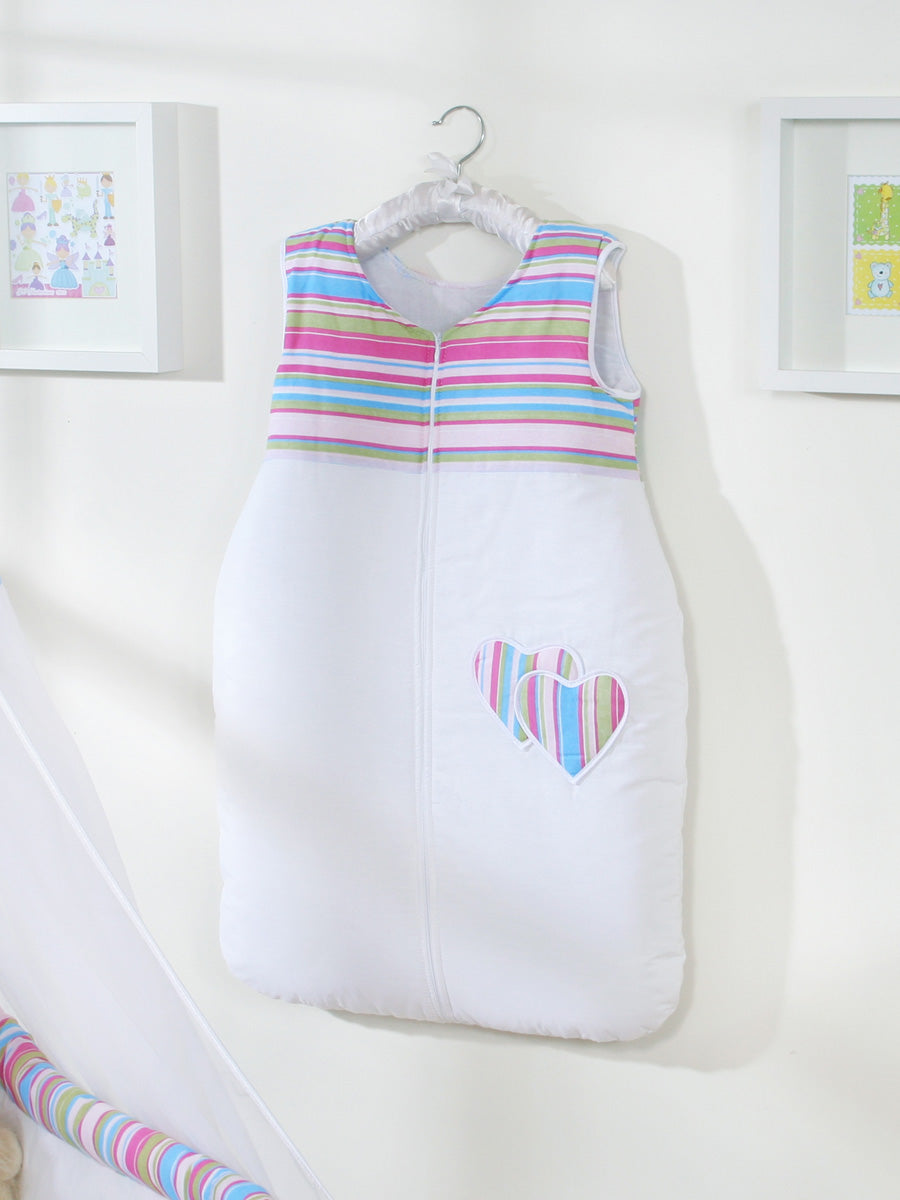 Cotton sleeping bag for children, size M, 6-12 months, TOG 2.5, all-season, hearts lilac strips