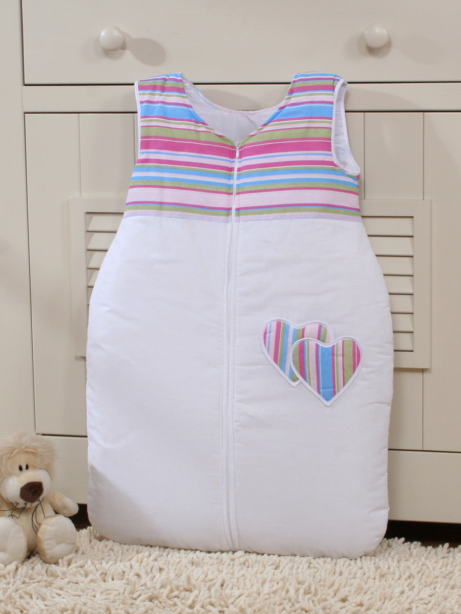 Cotton sleeping bag for children, size M, 6-12 months, TOG 2.5, all-season, hearts lilac strips