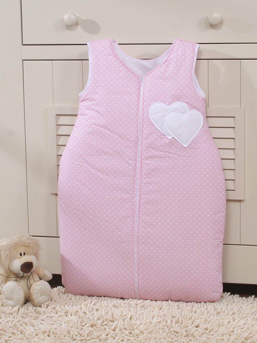 Cotton sleeping bag for children, size M, 6-12 months, TOG 2.5, all-season hearts polka dots on pink