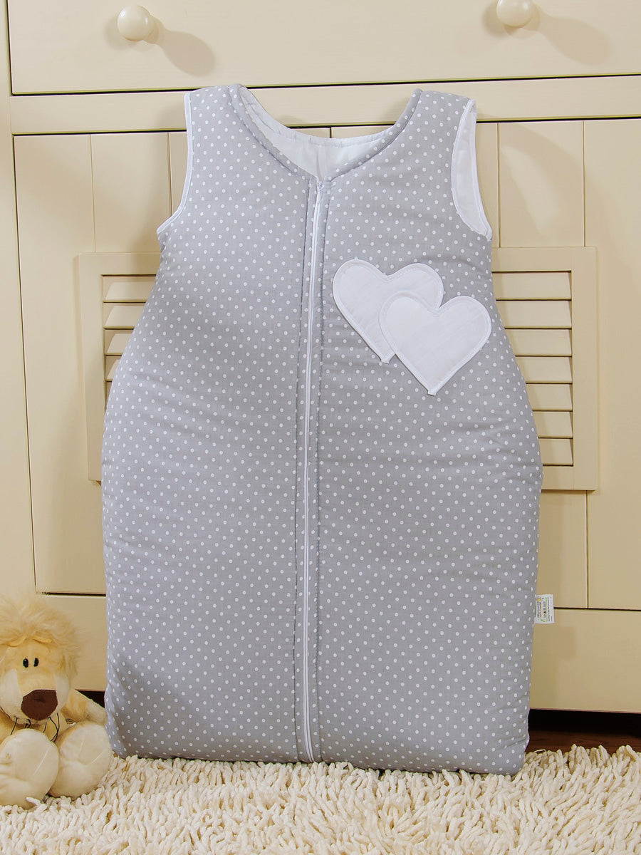 Cotton sleeping bag for children, size M, 6-12 months, TOG 2.5, all-season,hearts polka dots on grey