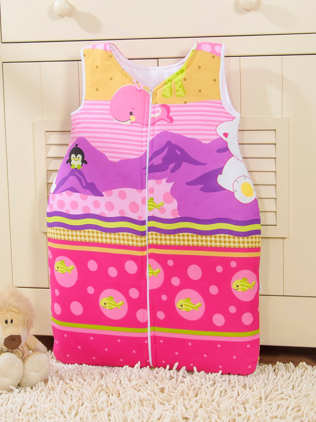 Cotton sleeping bag for children, size M, 6-12 months, TOG 2.5, all-season polar bear on pink