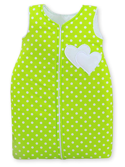 Cotton sleeping bag for children, size M, 6-12 months, TOG 2.5, all-season, hearts dots on green
