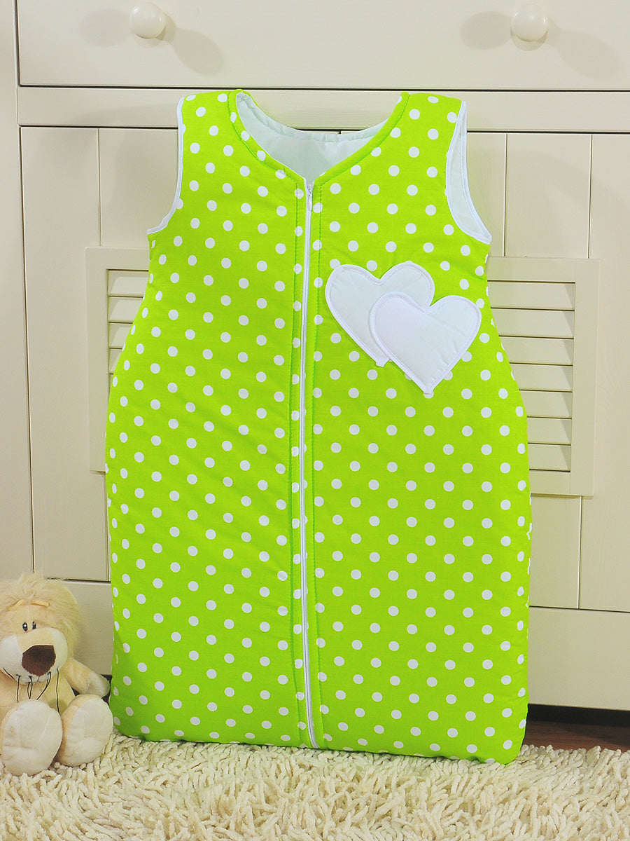 Cotton sleeping bag for children, size M, 6-12 months, TOG 2.5, all-season, hearts dots on green