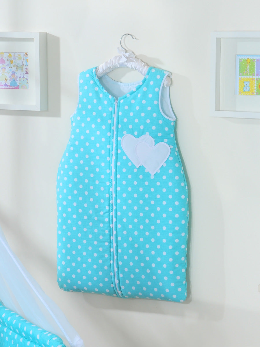 Cotton sleeping bag for children, size M, 6-12 months, TOG 2.5, all-season hearts dots on turquoise