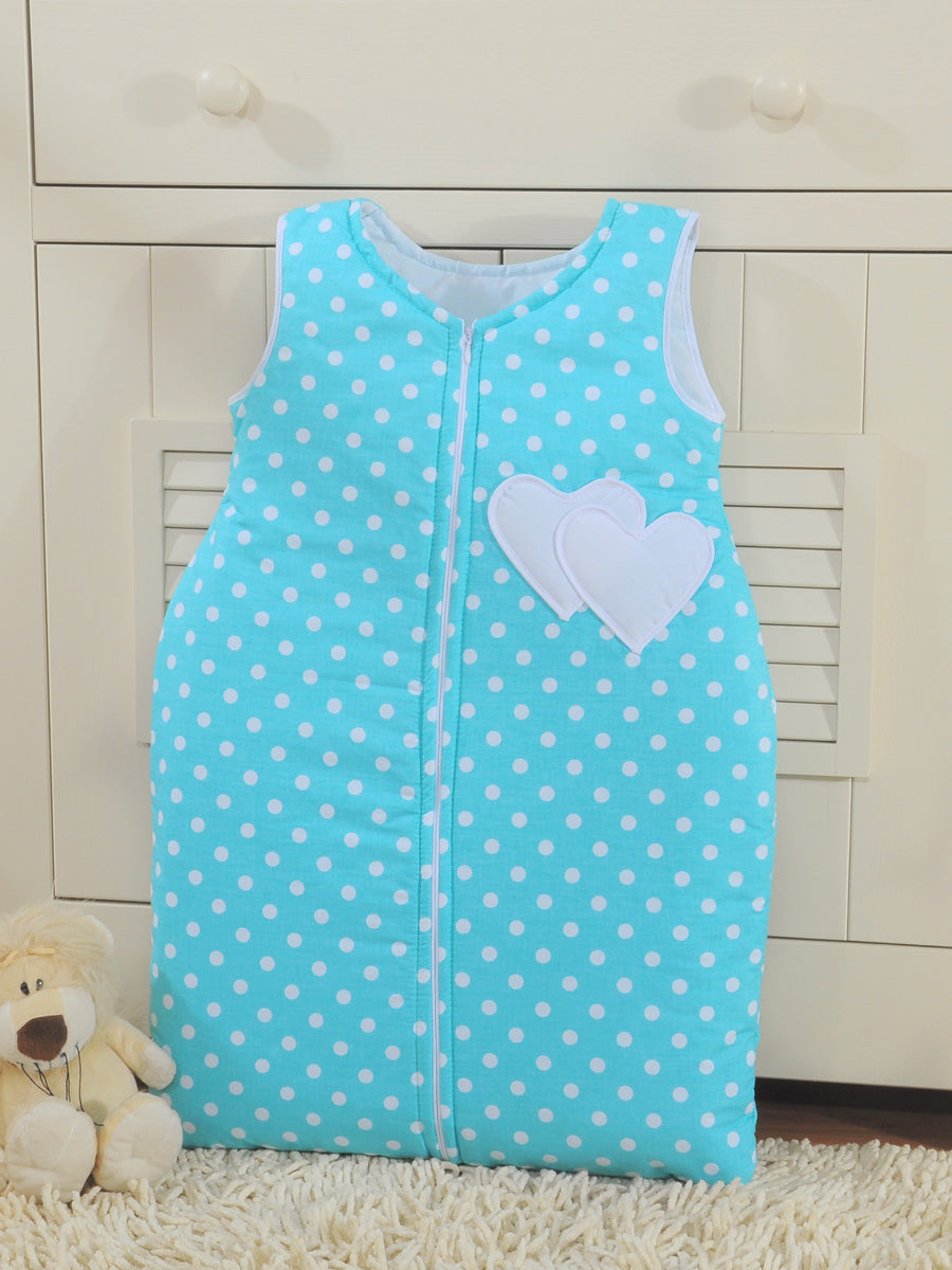 Cotton sleeping bag for children, size M, 6-12 months, TOG 2.5, all-season hearts dots on turquoise