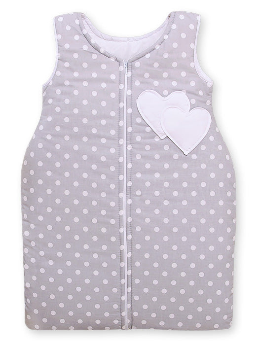 Cotton sleeping bag for children, size M, 6-12 months, TOG 2.5, all-season, hearts dots on grey