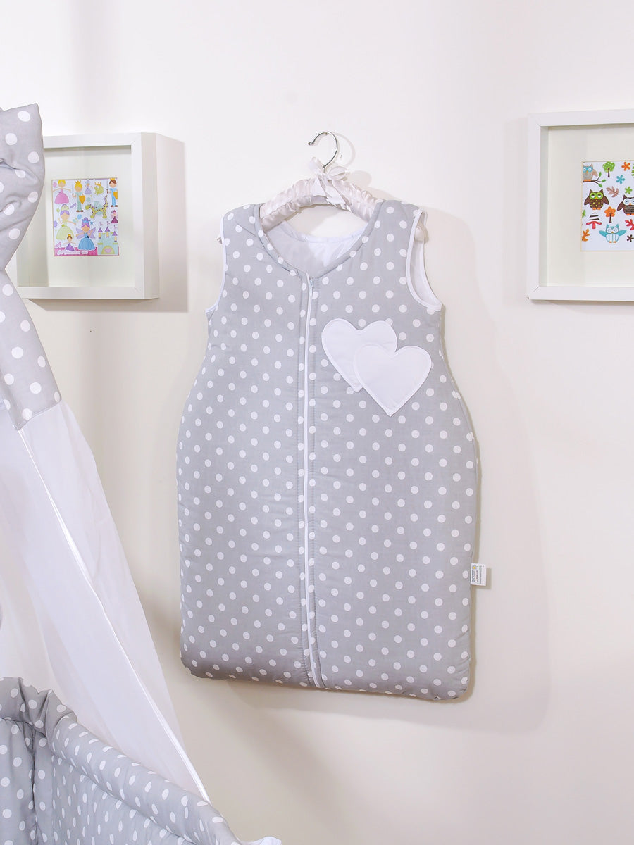 Cotton sleeping bag for children, size M, 6-12 months, TOG 2.5, all-season, hearts dots on grey