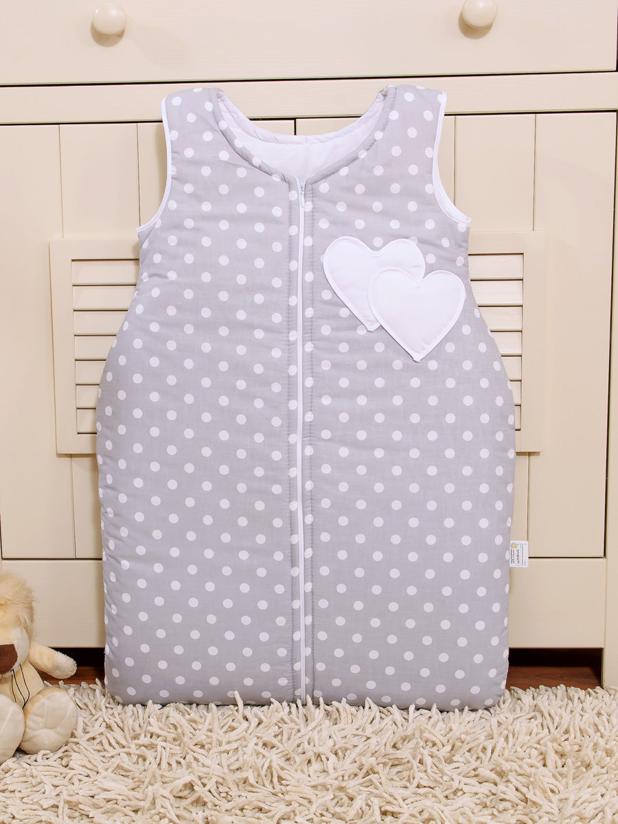 Cotton sleeping bag for children, size M, 6-12 months, TOG 2.5, all-season, hearts dots on grey