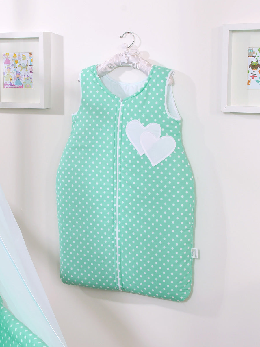 Cotton sleeping bag for children, size M, 6-12 months, TOG 2.5, all-season, hearts dots on mint