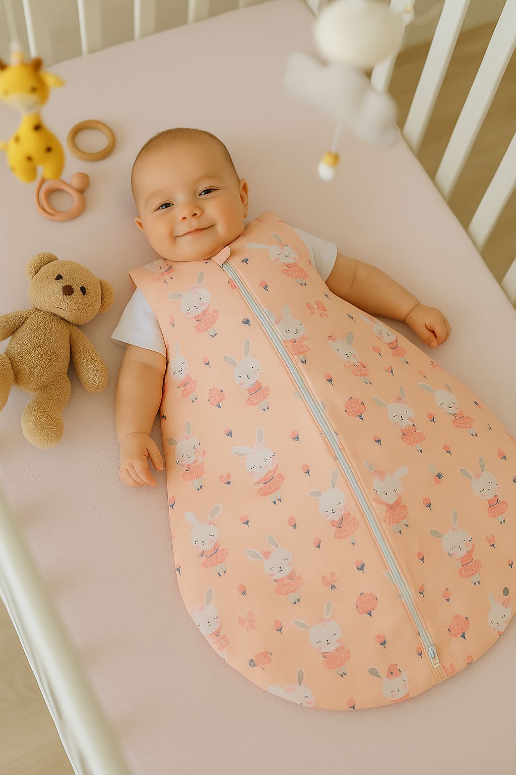 Cotton baby sleeping bag S 0-6 months for summer TOG 1.0 - ballerina bunnies in pink