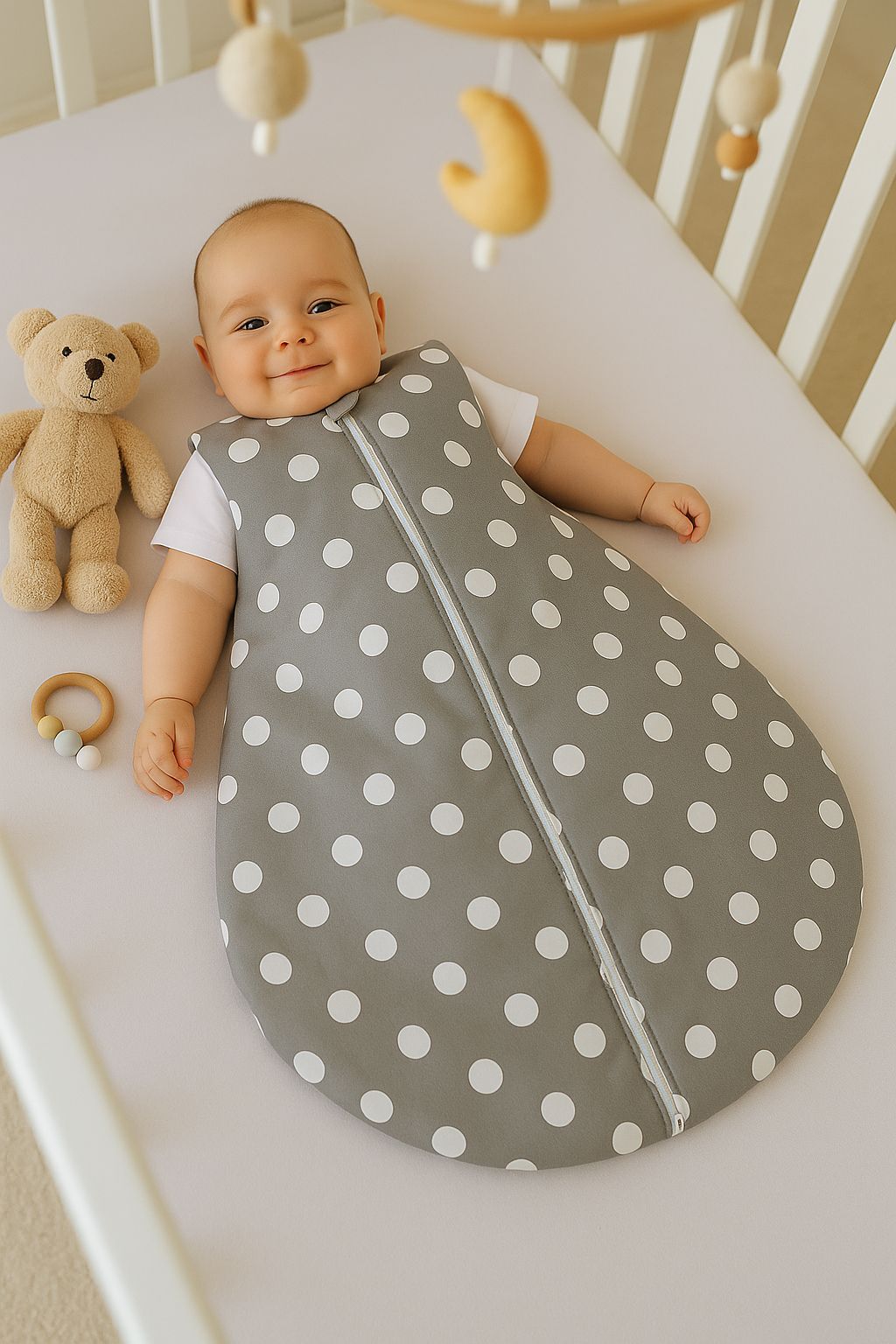 Cotton baby sleeping bag S 0-6 months for summer TOG 1.0 - polka dots on grey