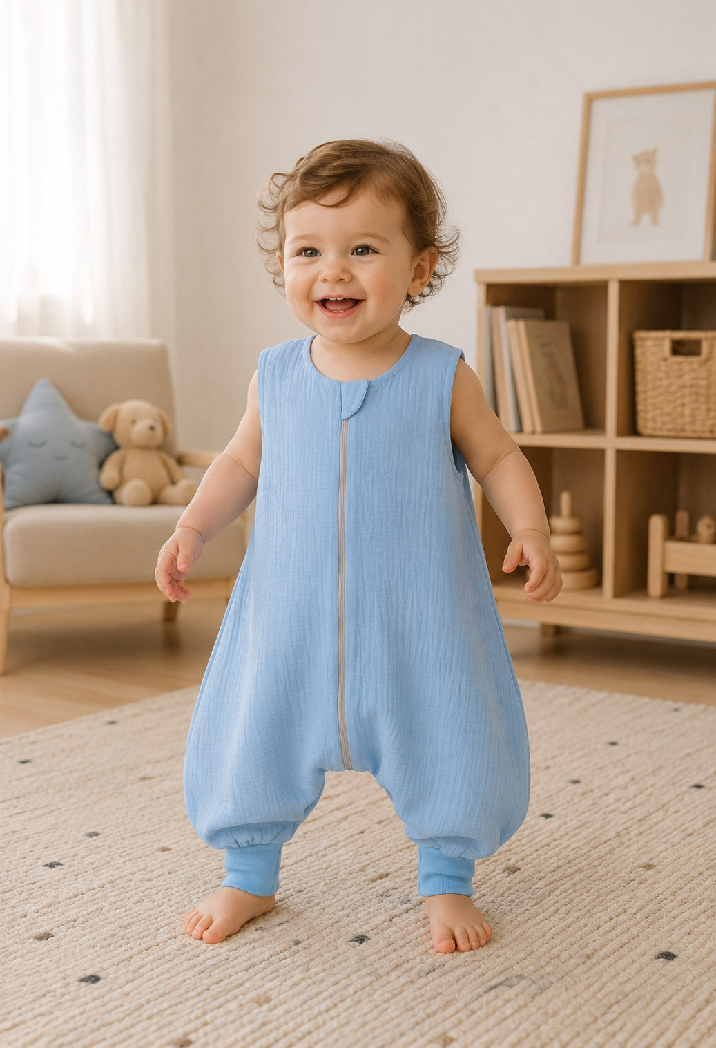 Muslin baby sleeping bag with legs L 9-24 months for summer TOG 1.0 - blue
