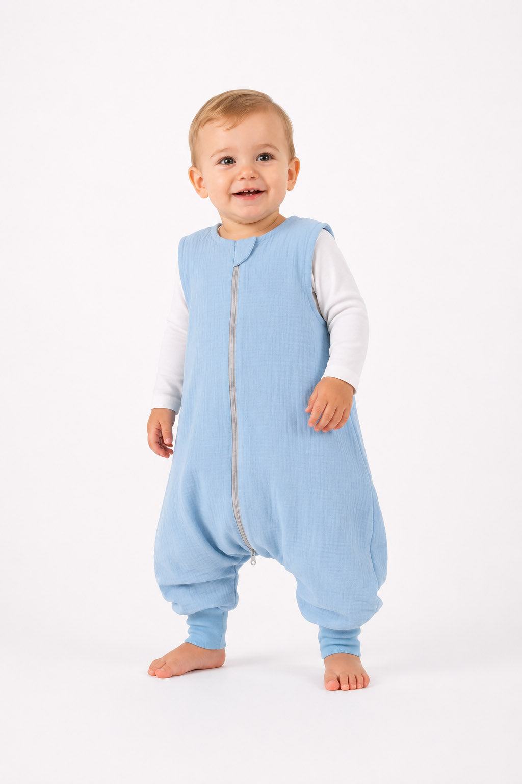 Muslin baby sleeping bag with legs XL 2-4 years for summer TOG 1.0 - blue