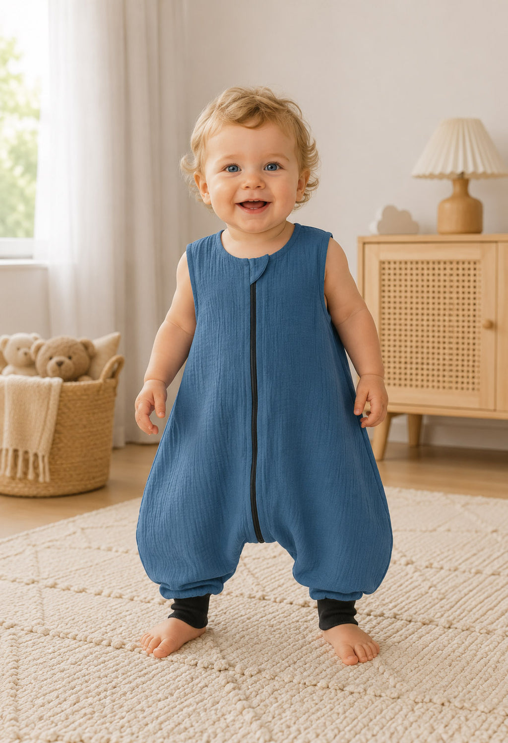 Muslin baby sleeping bag with legs L 9-24 months for summer TOG 1.0 - pastel blue