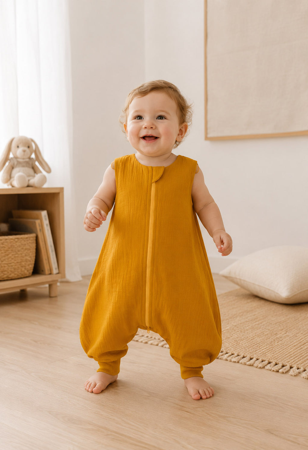 Muslin baby sleeping bag with legs L 9-24 months for summer TOG 1.0 - honey yellow