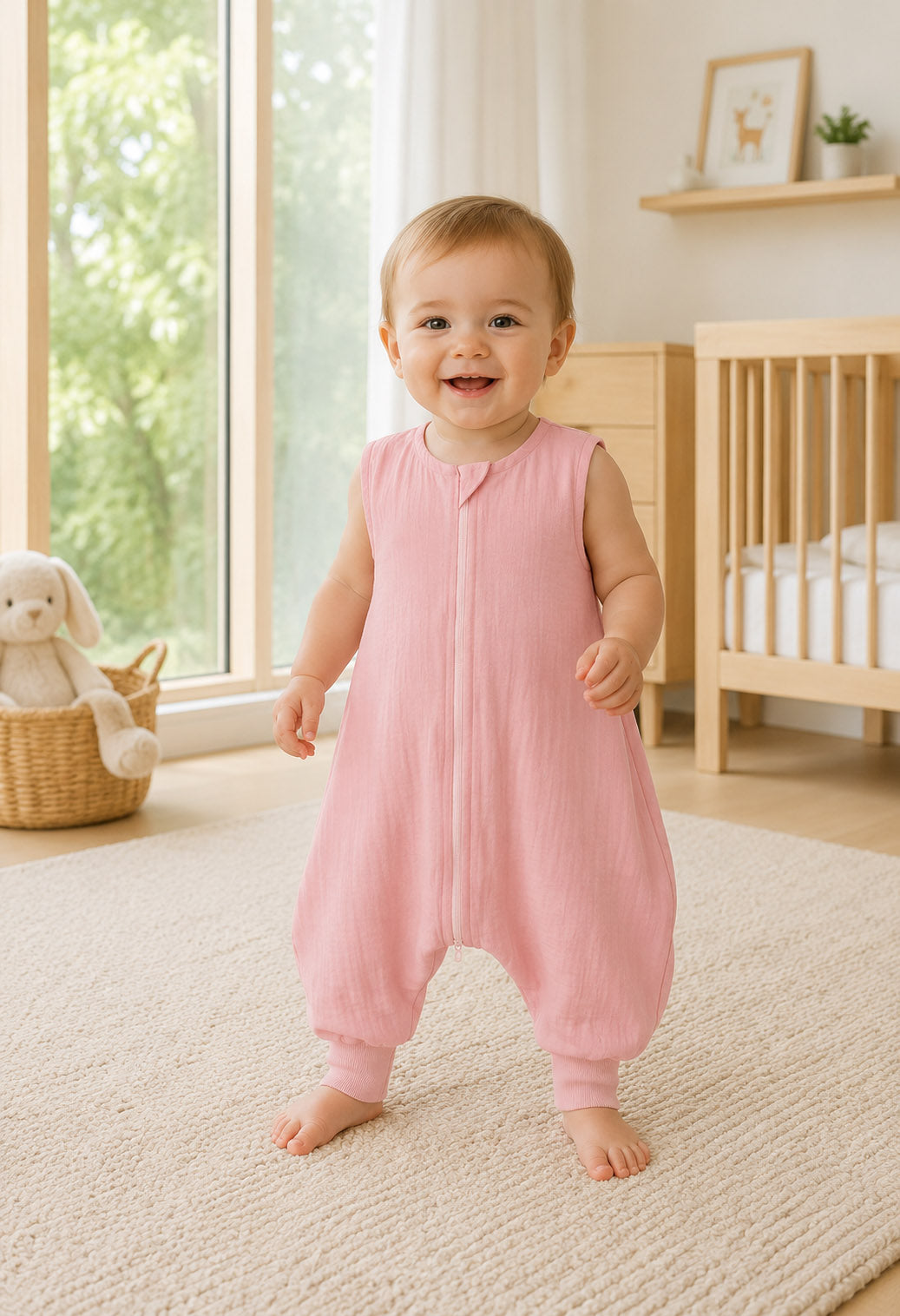 Muslin baby sleeping bag with legs XL 2-4 years for summer TOG 1.0 - pastel pink