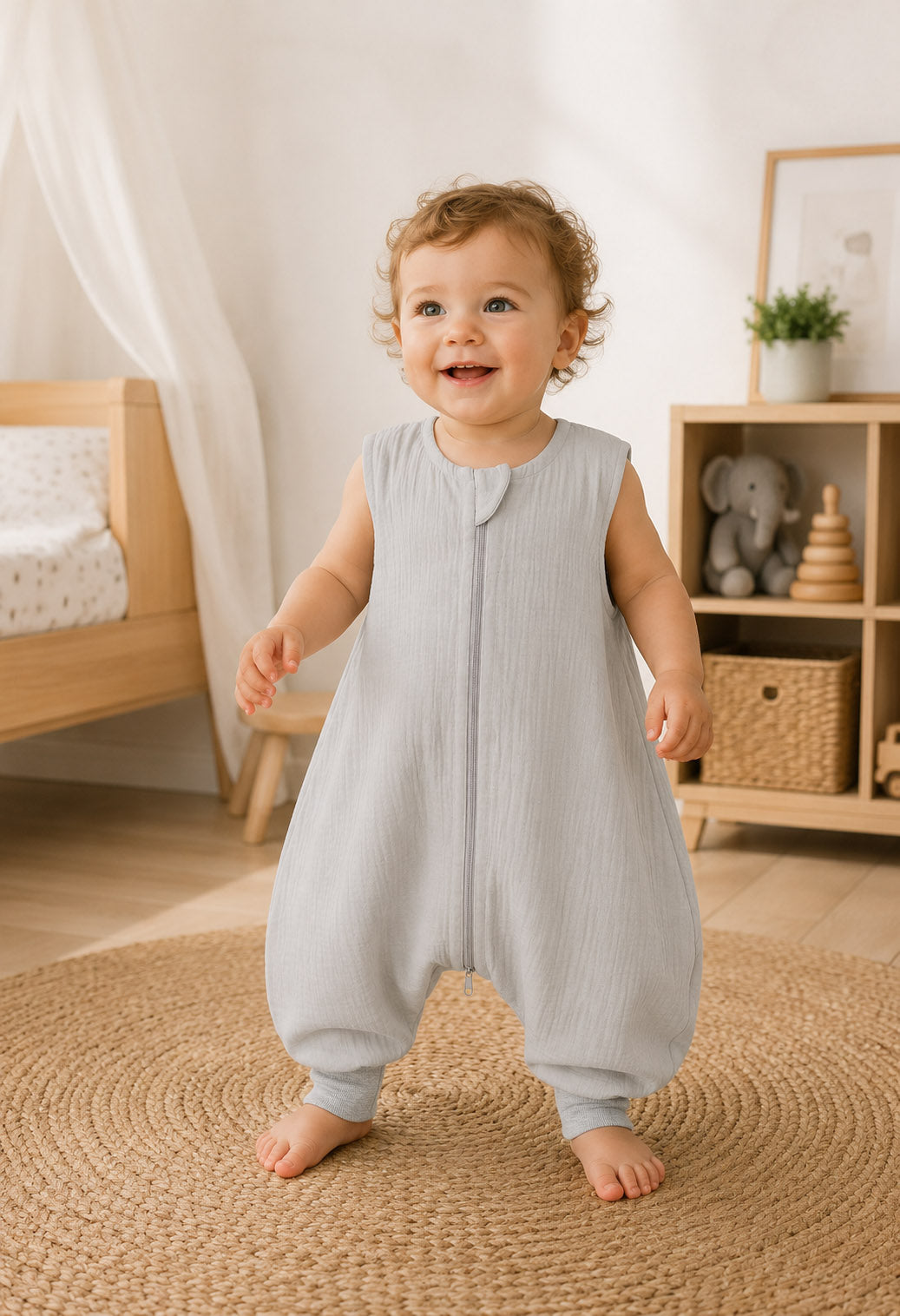 Muslin baby sleeping bag with legs L 9-24 months for summer TOG 1.0 - grey