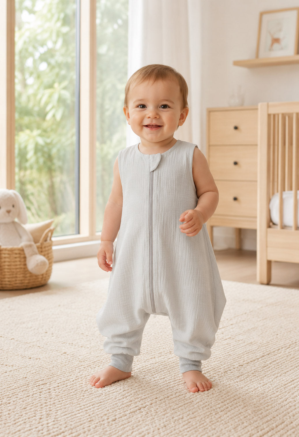 Muslin baby sleeping bag with legs L 9-24 months for summer TOG 1.0 - grey