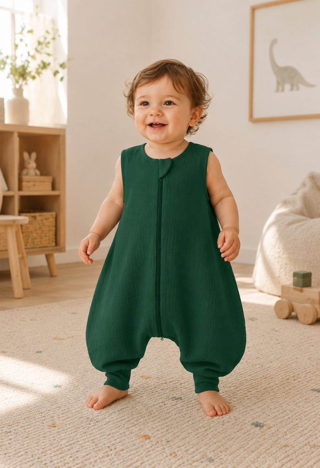 Muslin baby sleeping bag with legs L 9-24 months for summer TOG 1.0 - forest green