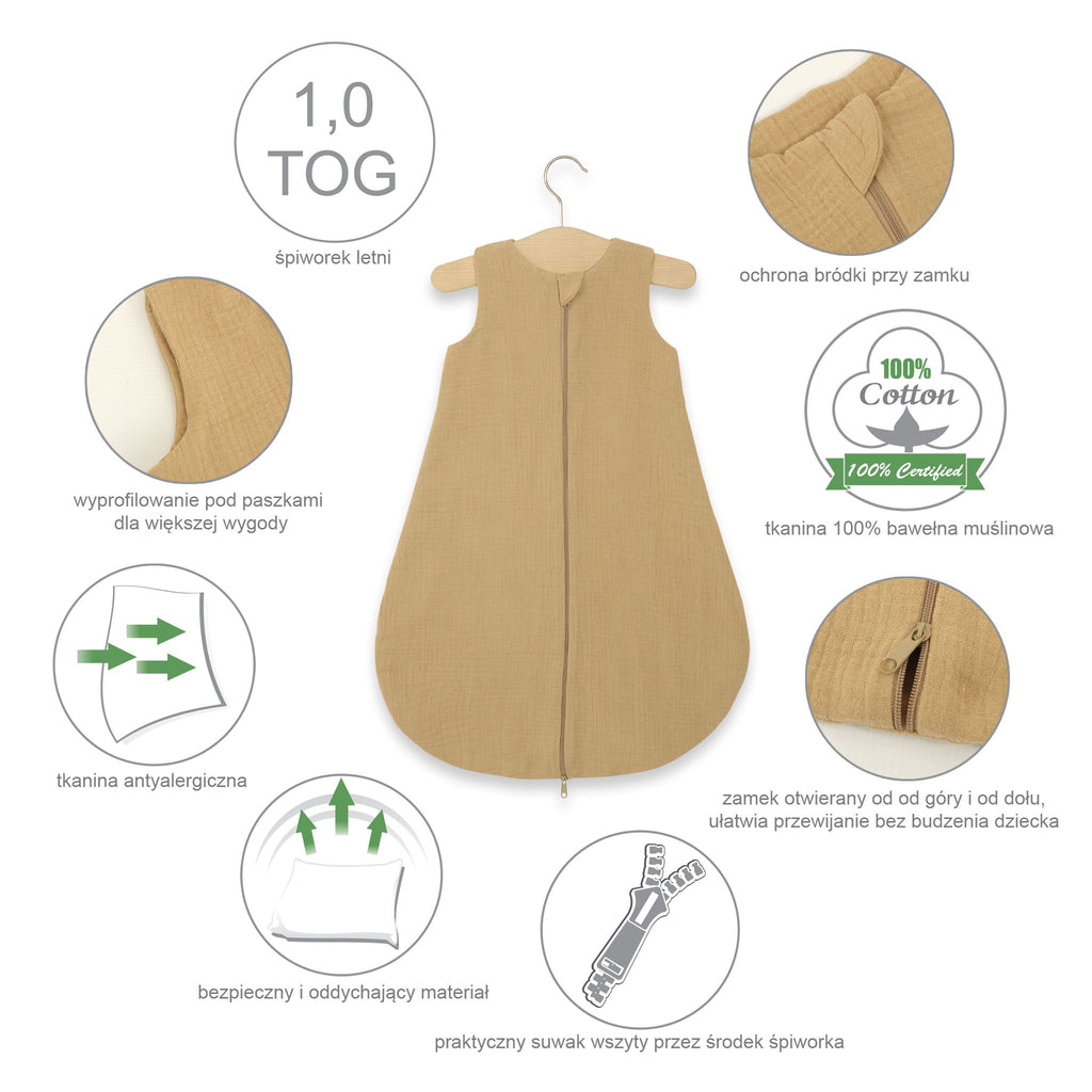 Muslin baby sleeping bag 6-12 months M for summer TOG 1.0 - camel