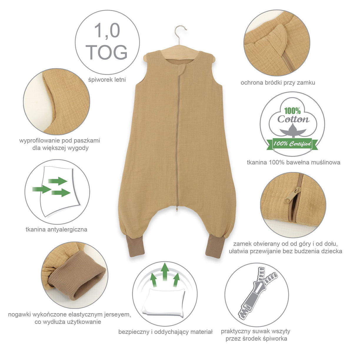 Muslin baby sleeping bag with legs L 9-24 months for summer TOG 1.0 - pastel blue