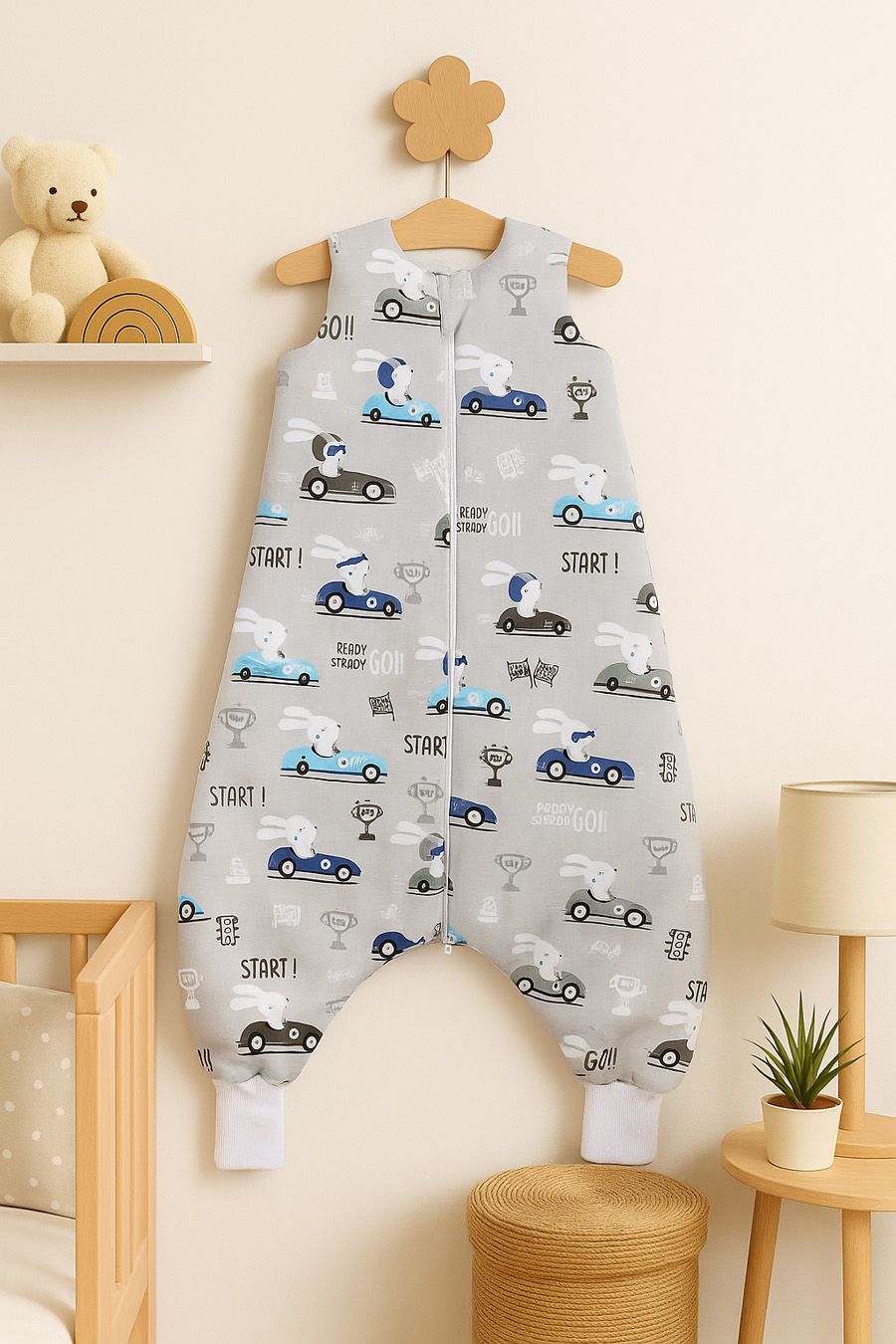 Cotton Baby Sleeping Bag with legs Warm and Cozy L 9-24 months TOG 2.5 - gray rabbits