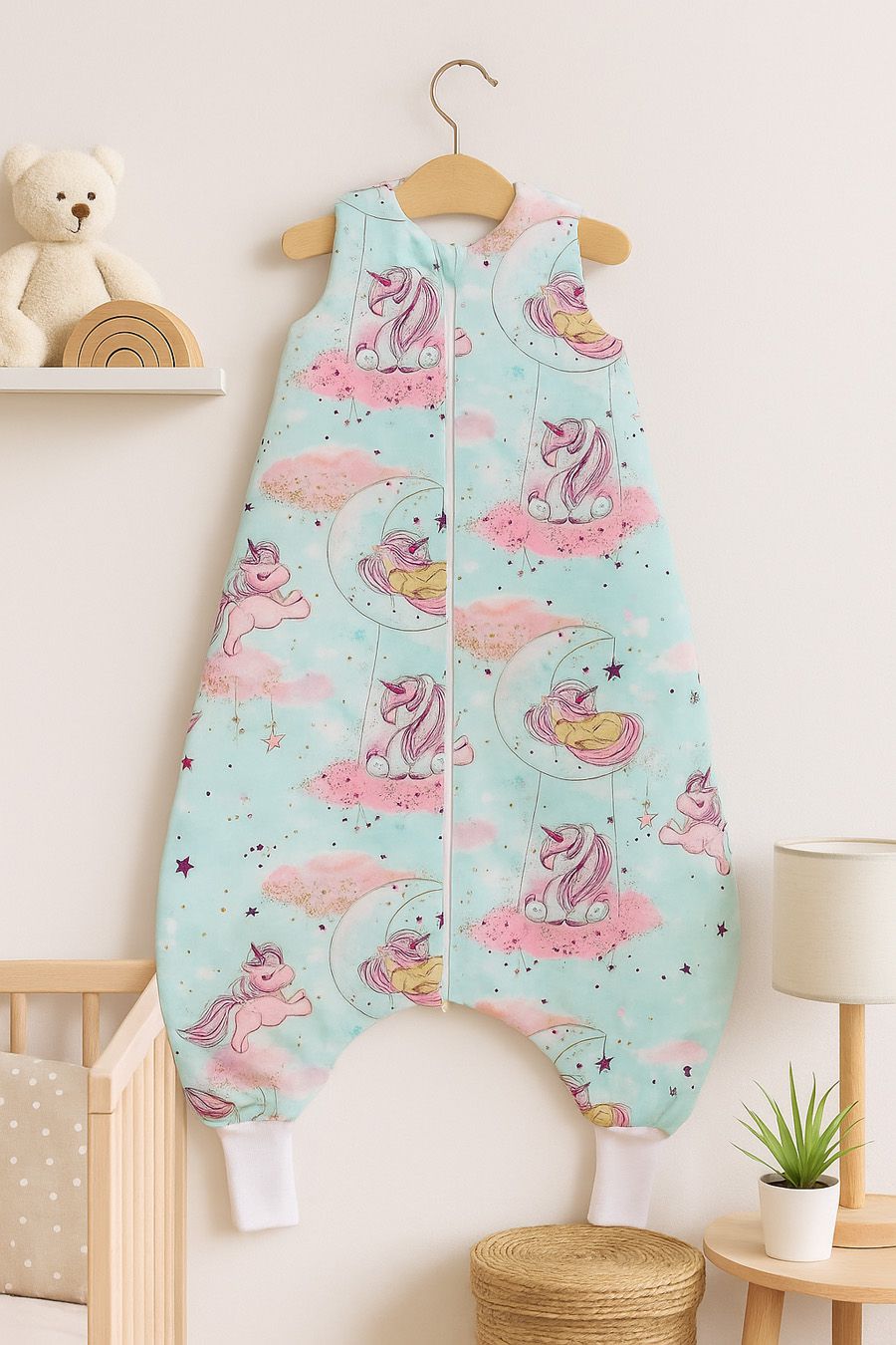 Cotton Baby Sleeping Bag with legs Warm and Cozy L 9-24 months TOG 2.5 - mint unicorns