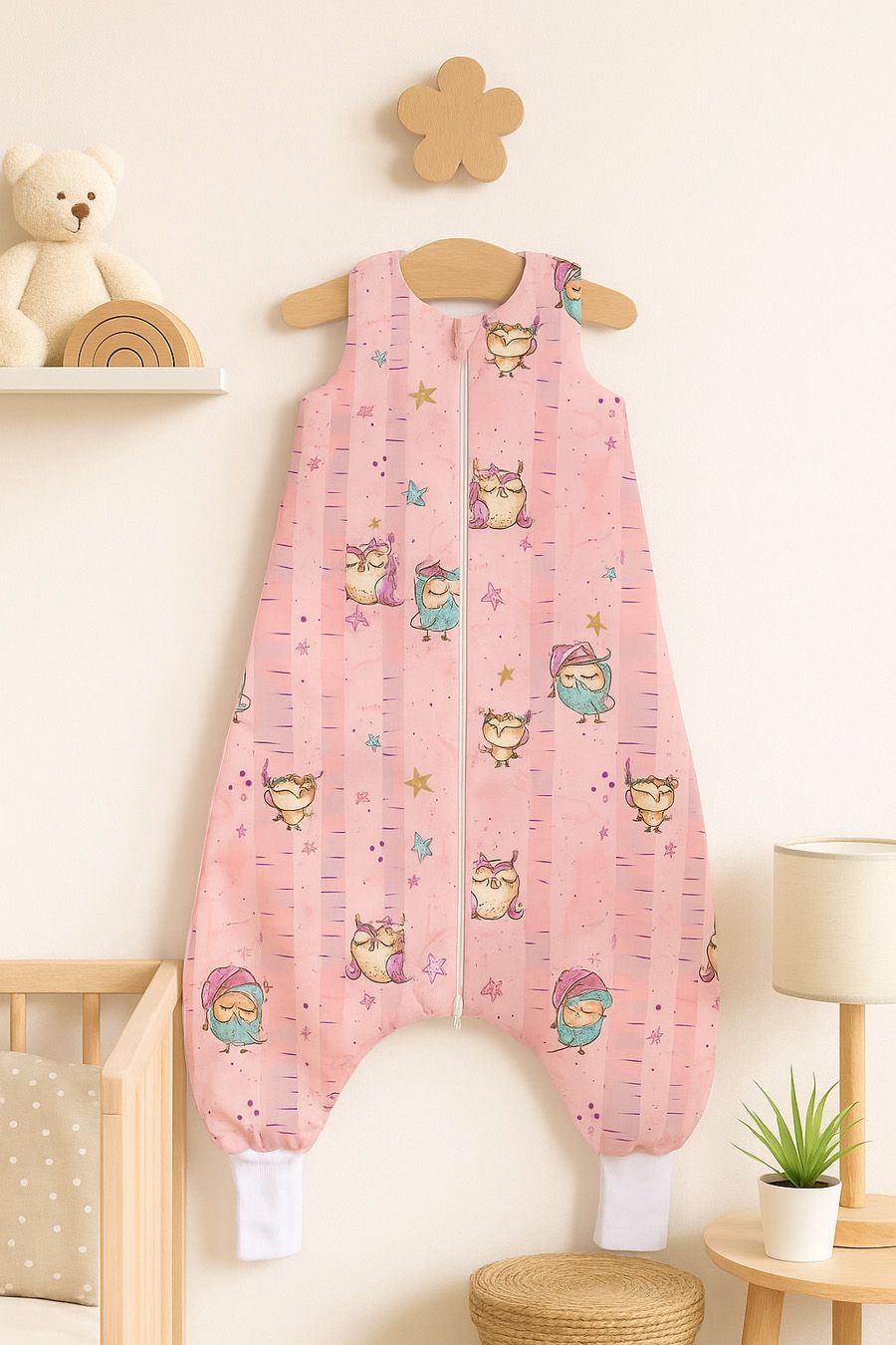Cotton Baby Sleeping Bag with legs Warm and Cozy L 9-24 months TOG 2.5 - pink owls