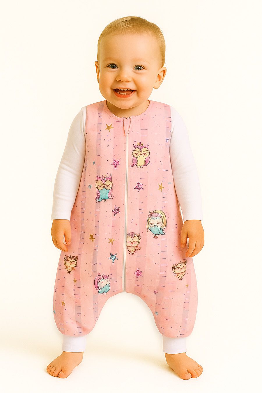Cotton Baby Sleeping Bag with legs Warm and Cozy L 9-24 months TOG 2.5 - pink owls