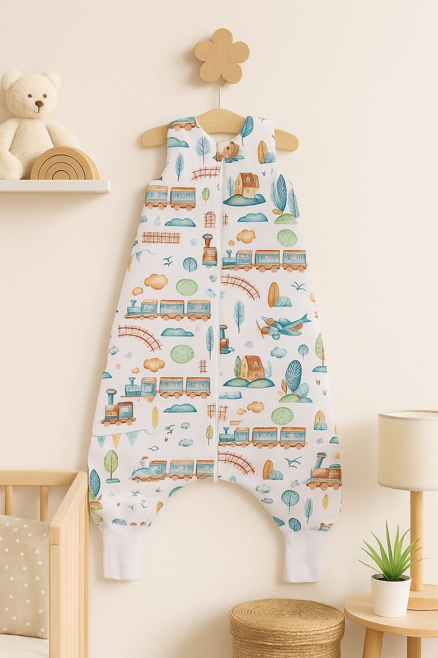 Cotton Baby Sleeping Bag with legs Warm and Cozy L 9-24 months TOG 2.5 - turquoise train