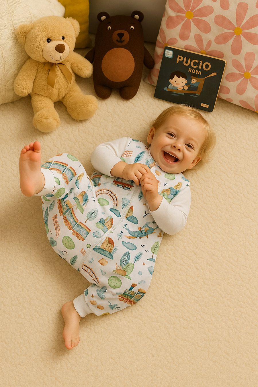 Cotton Baby Sleeping Bag with legs Warm and Cozy L 9-24 months TOG 2.5 - turquoise train