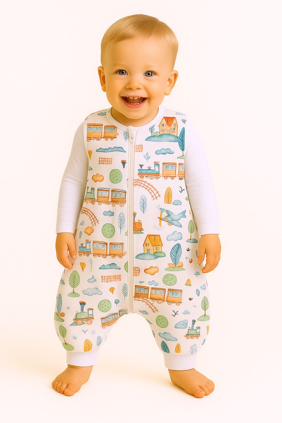 Cotton Baby Sleeping Bag with legs Warm and Cozy L 9-24 months TOG 2.5 - turquoise train