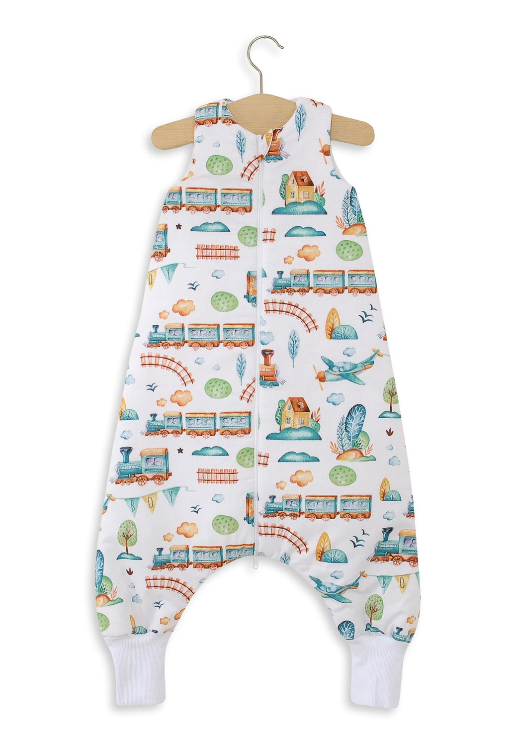 Cotton Baby Sleeping Bag with legs Warm and Cozy L 9-24 months TOG 2.5 - turquoise train