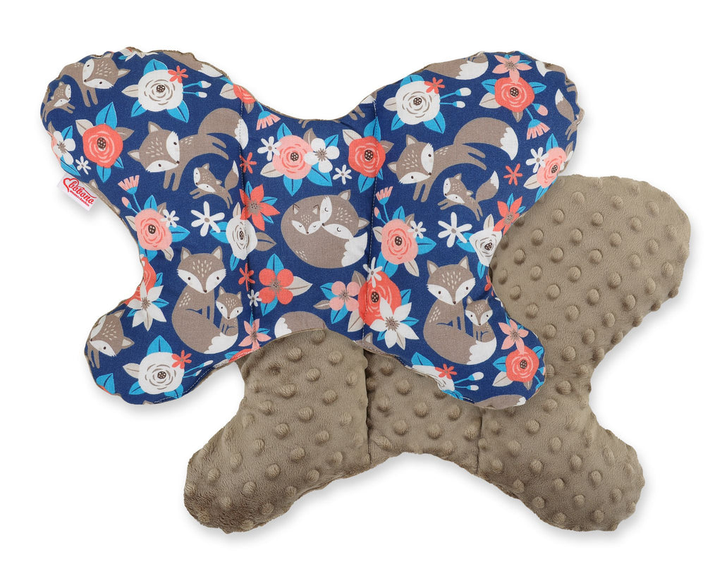 Double-sided anti shock cushion \"BUTTERFLY\" - fox family on blue/brown
