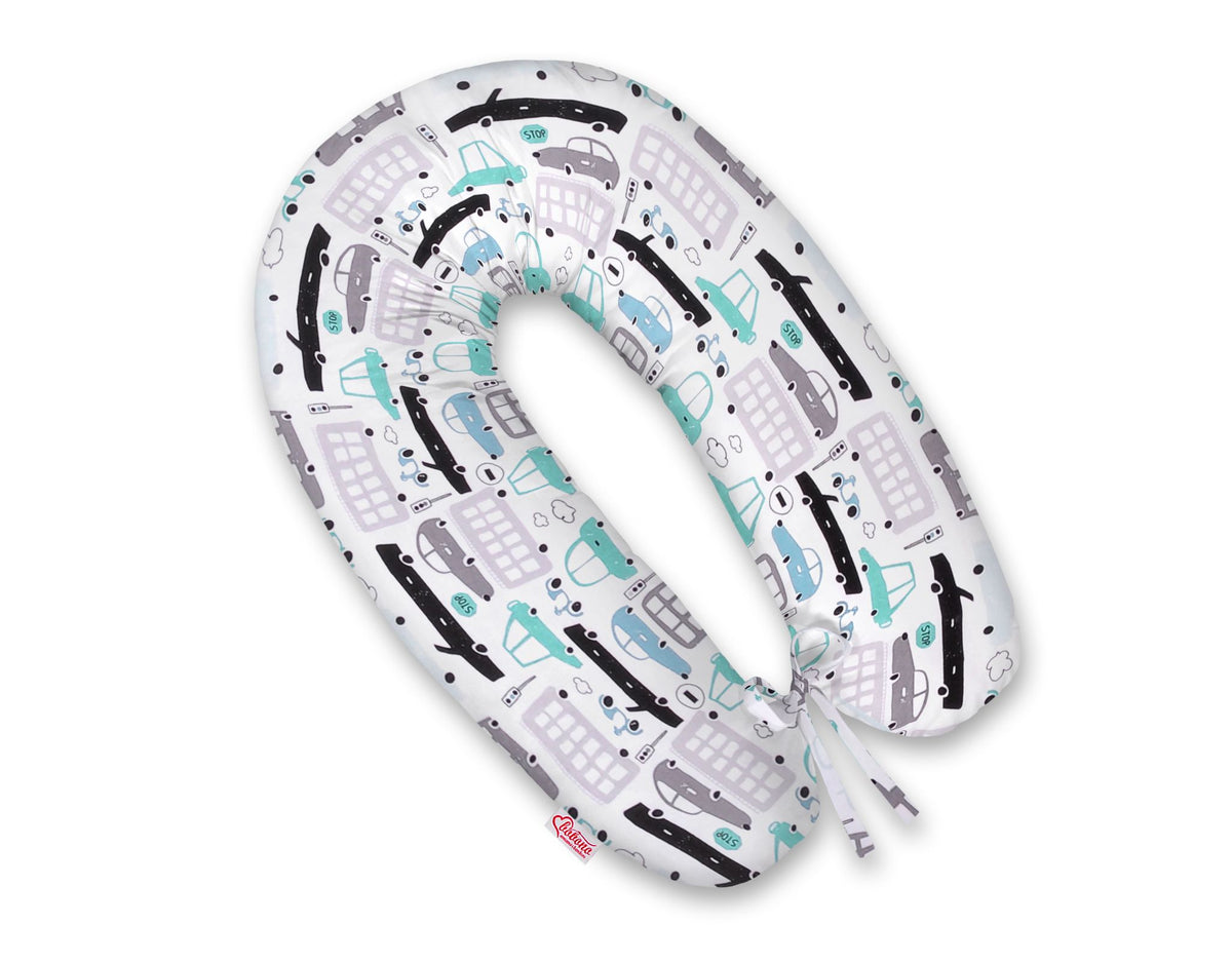Pregnancy pillow- Longer, removable pillowcase - Gray and turquoise cars
