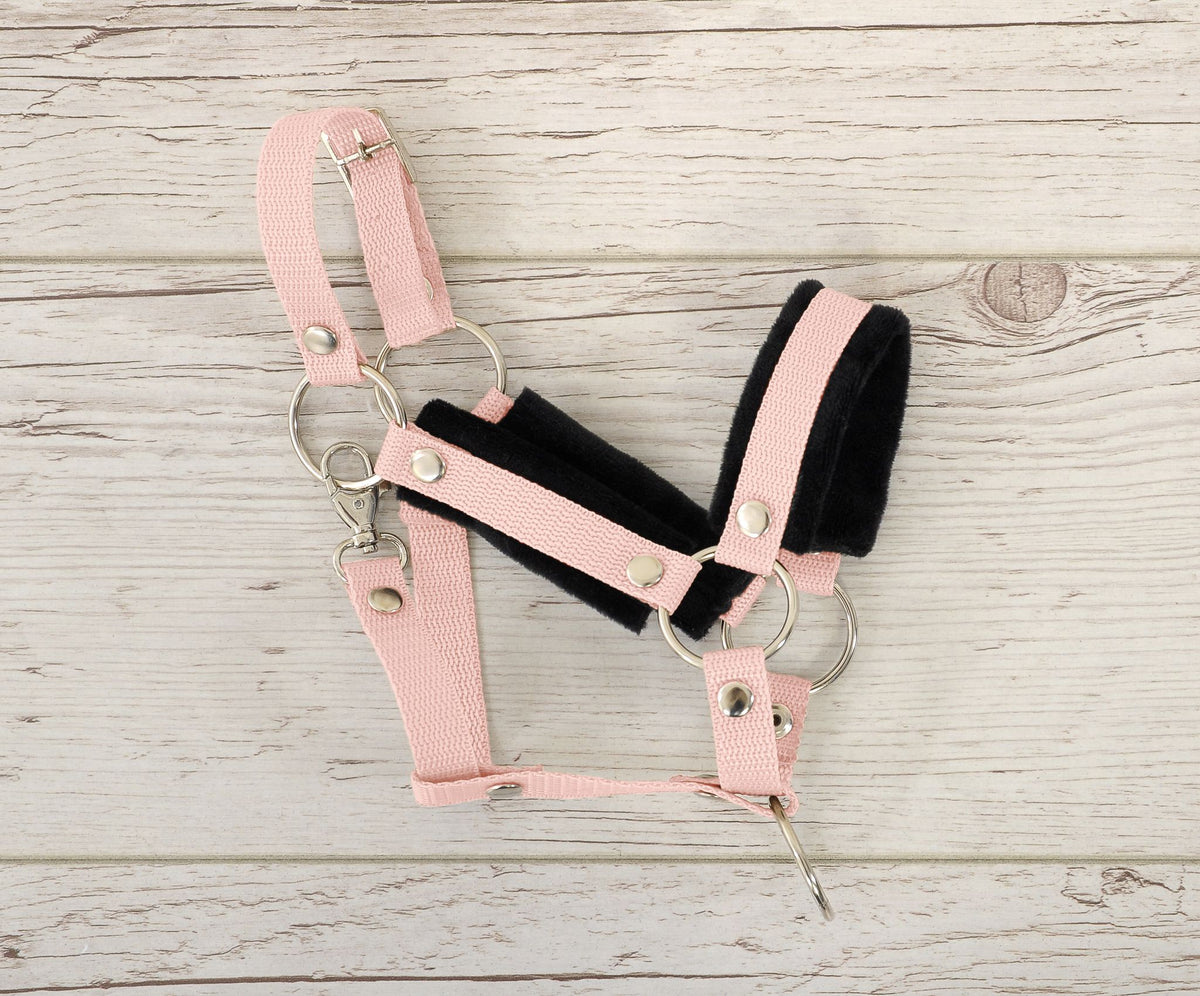 Set for Hobby Horse: the halter A3 with black furry + Tether made of cord - black-powder pink
