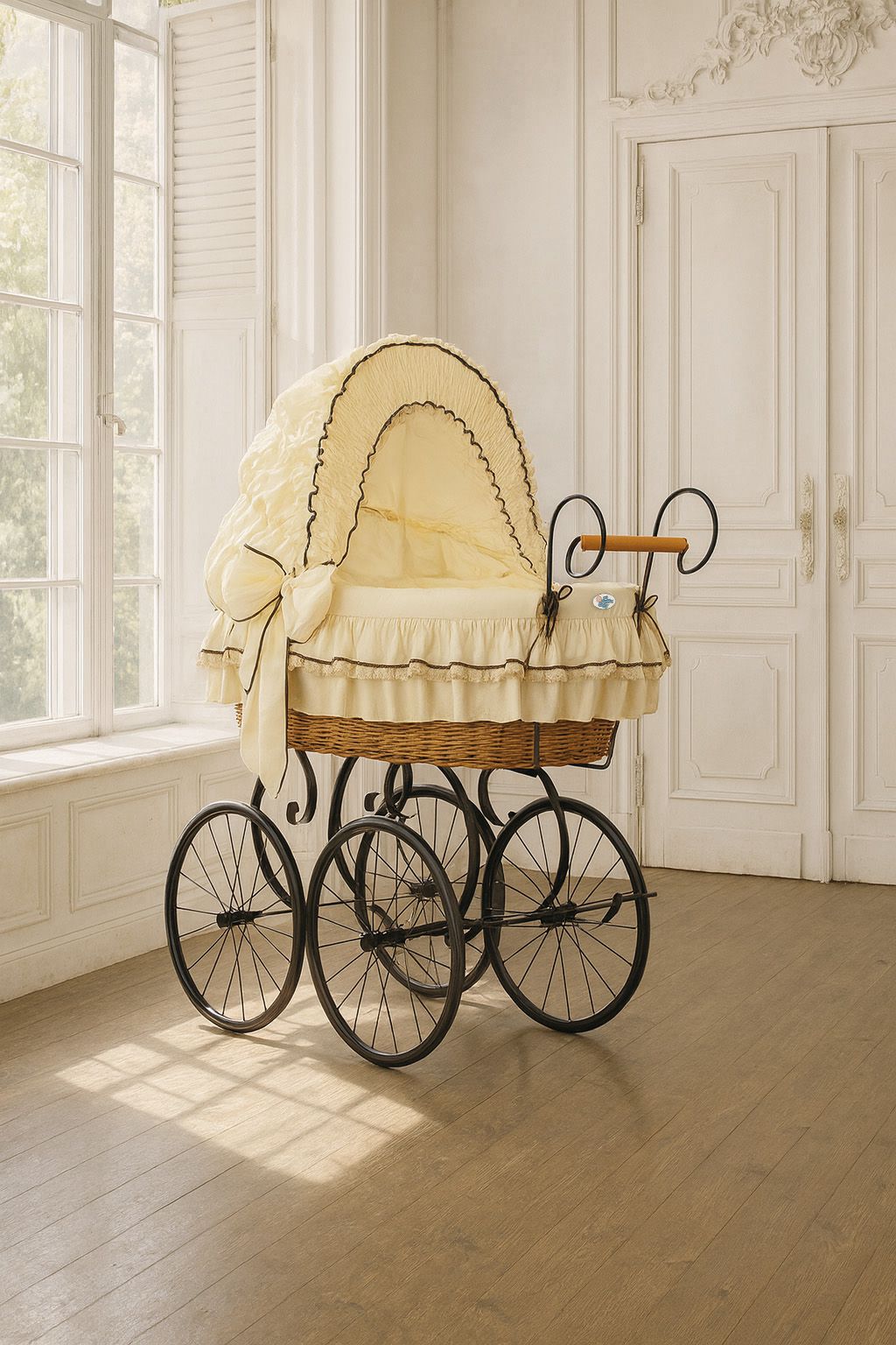 Moses Basket Wicker hood crib Retro wicker crib Emma - natural + cream bedding