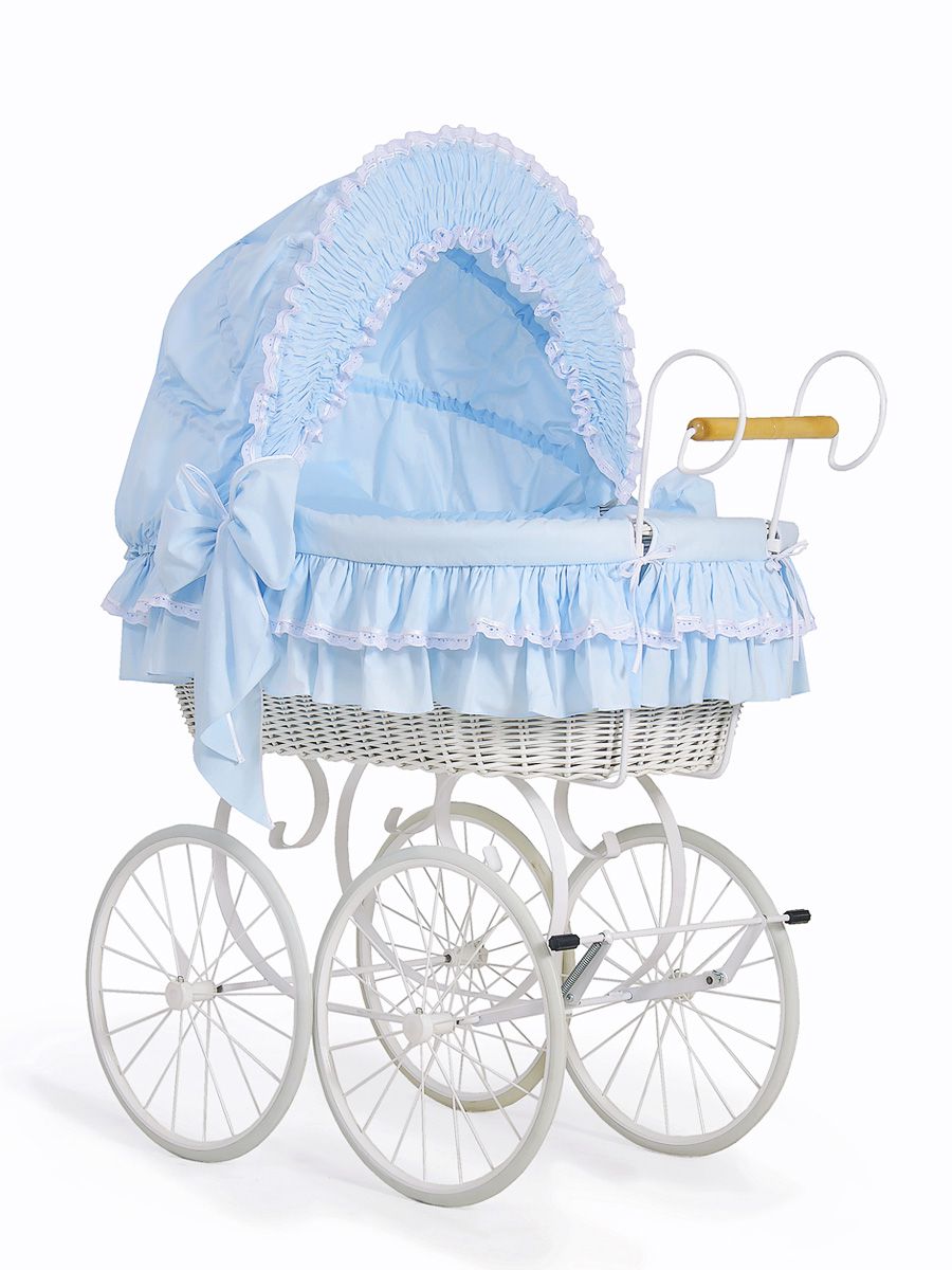 Moses Basket Wicker hood crib Retro wicker crib Victoria - white + blue bedding