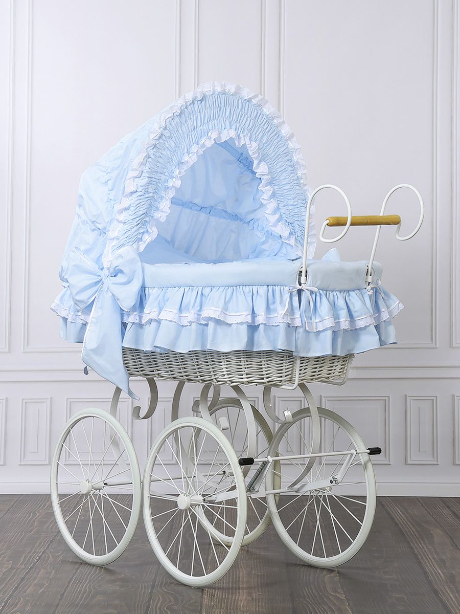Moses Basket Wicker hood crib Retro wicker crib Victoria - white + blue bedding