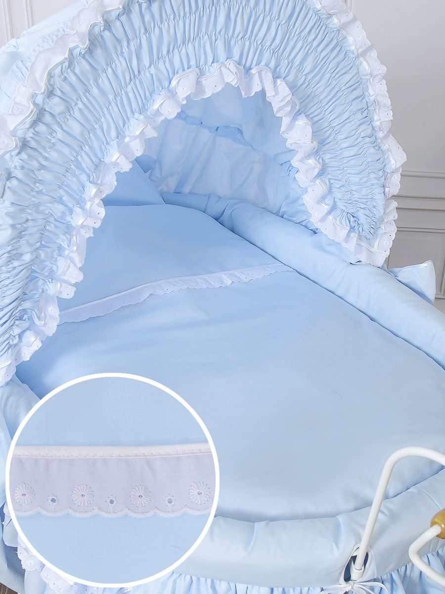 Moses Basket Wicker hood crib Retro wicker crib Victoria - white + blue bedding