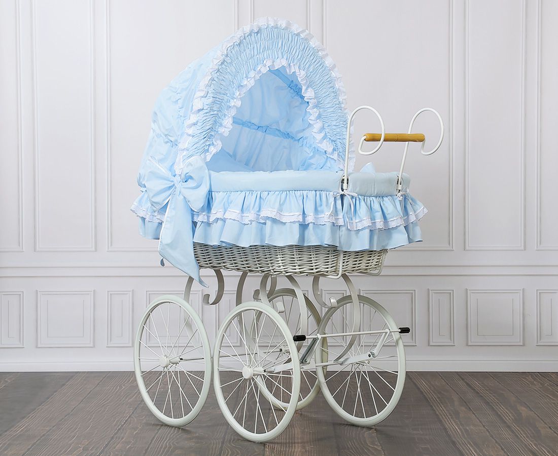Moses Basket Wicker hood crib Retro wicker crib Victoria - white + blue bedding