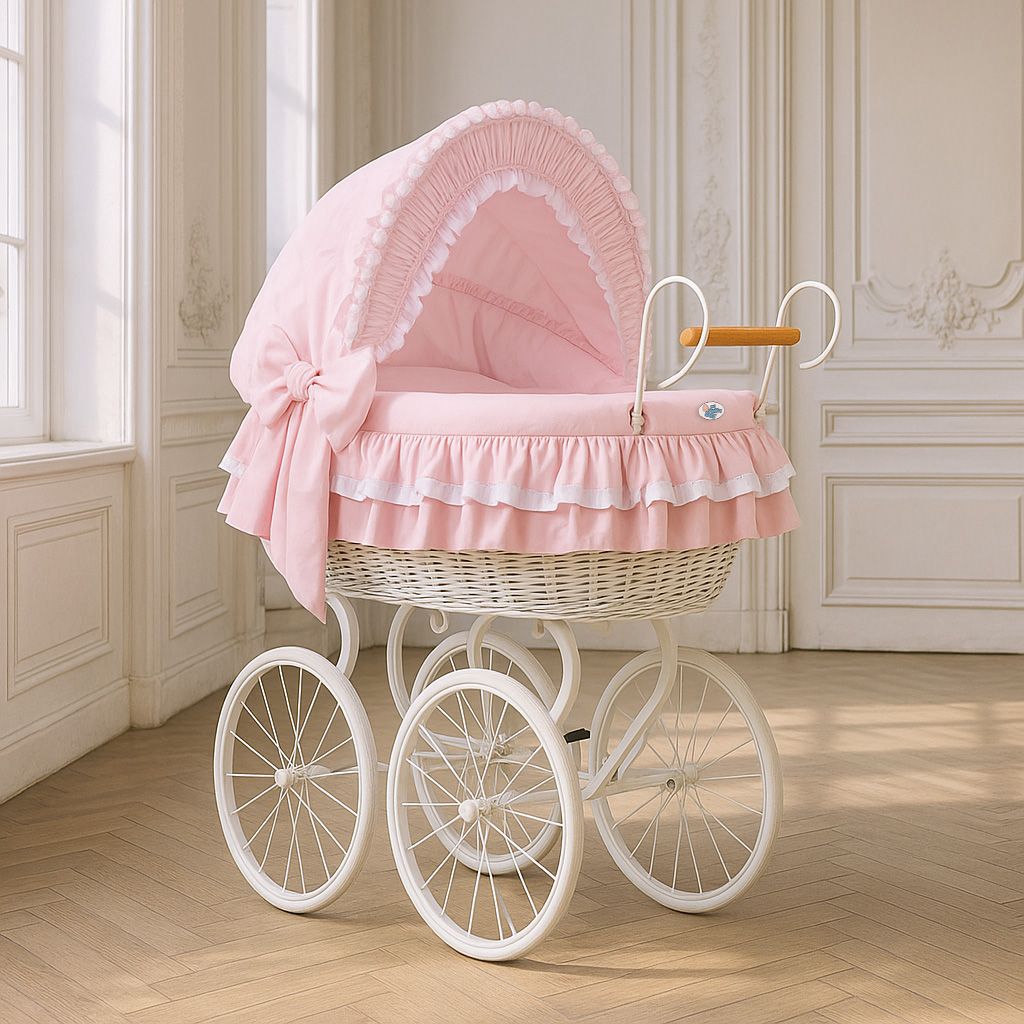 Moses Basket Wicker hood crib Retro wicker crib Victoria - white + pink bedding