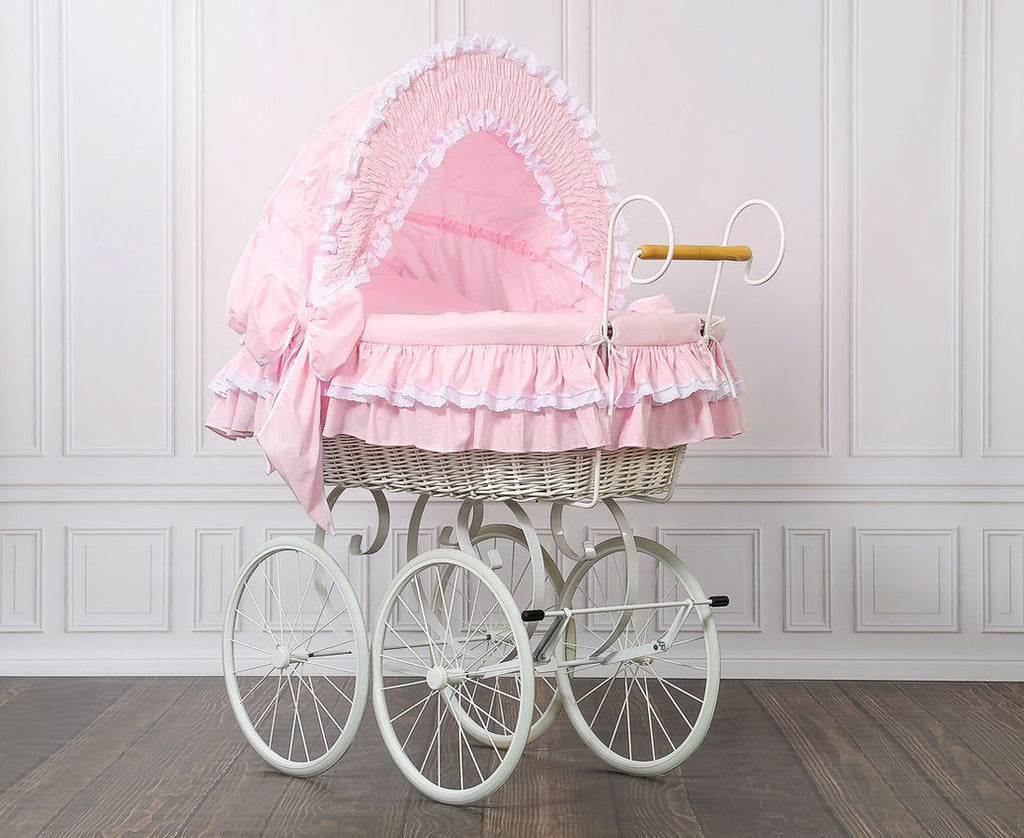 Moses Basket Wicker hood crib Retro wicker crib Victoria - white + pink bedding
