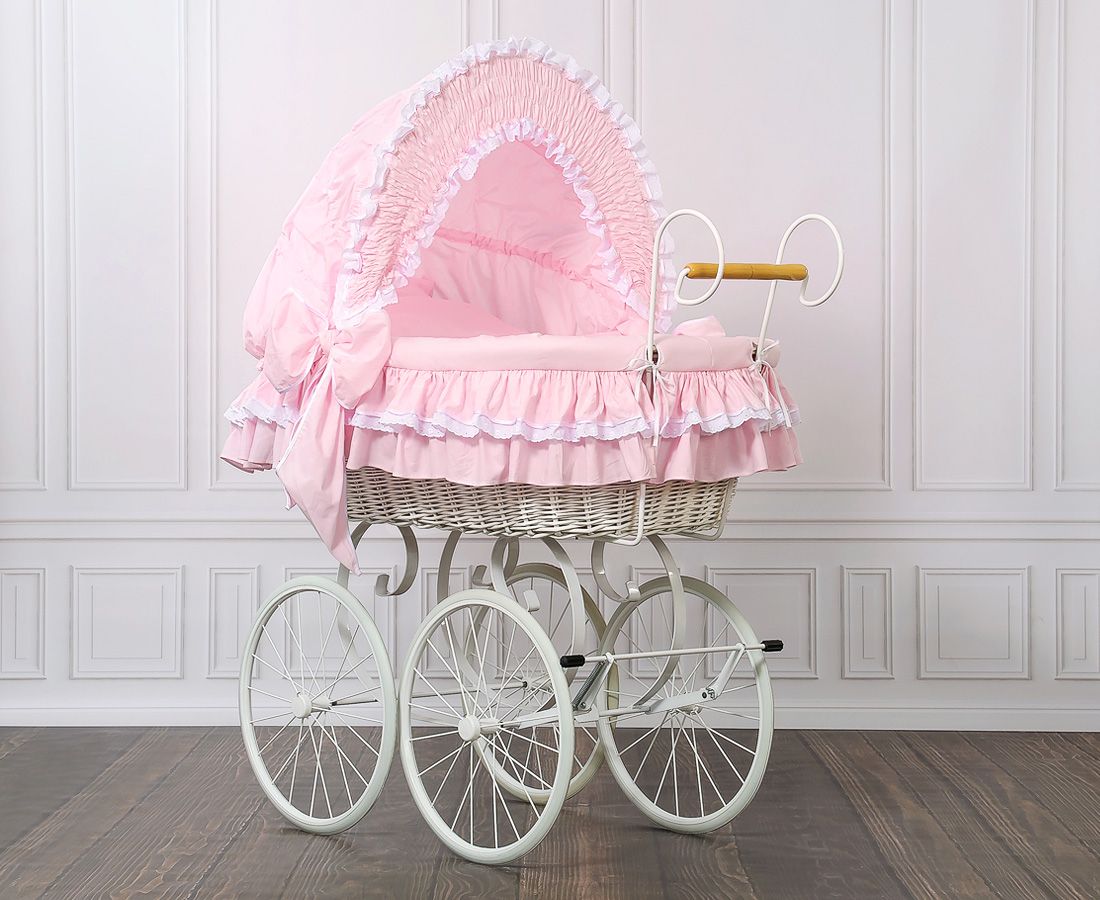 Moses Basket Wicker hood crib Retro wicker crib Victoria - white + pink bedding
