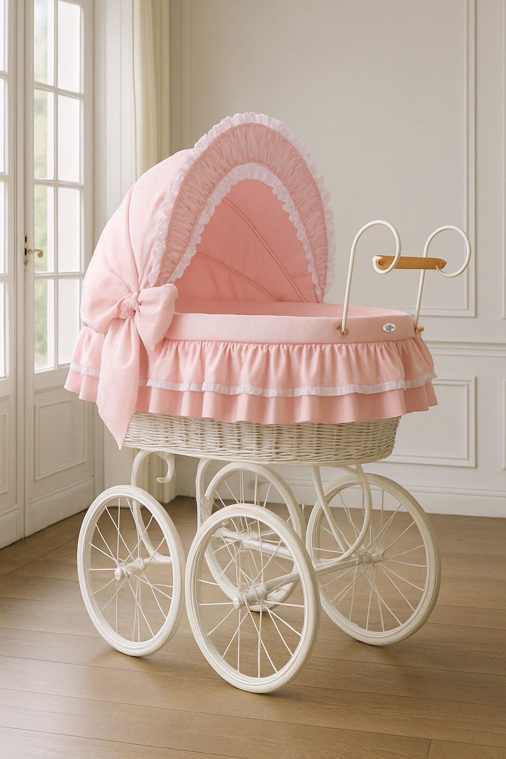 Moses Basket Wicker hood crib Retro wicker crib Victoria - white + pink bedding