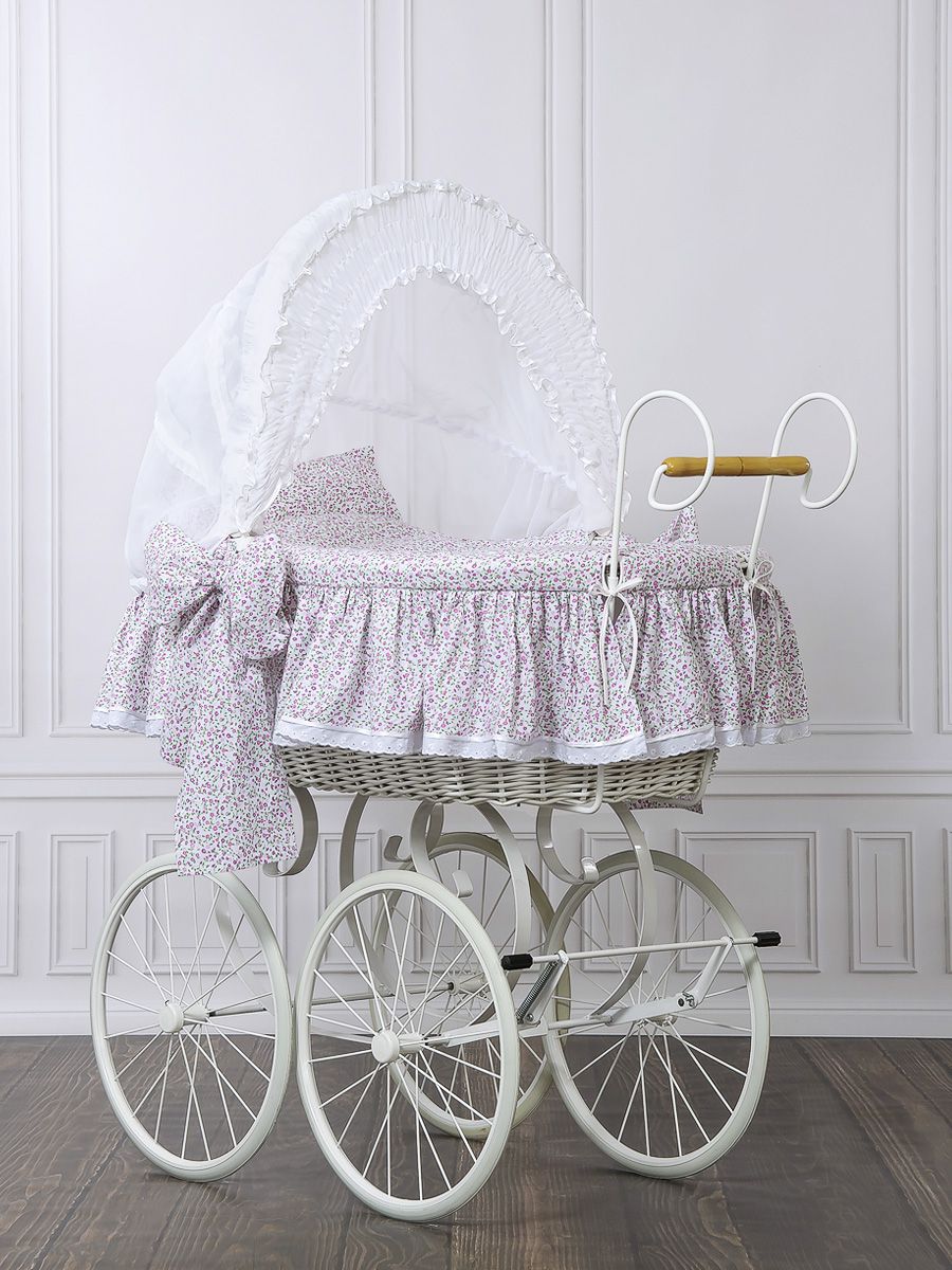 Moses Basket Wicker hood crib Retro wicker crib Jasmine - white + pink bedding