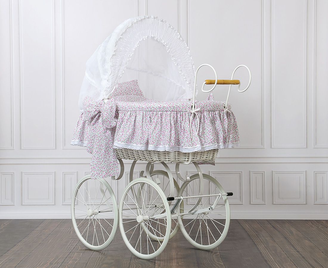 Moses Basket Wicker hood crib Retro wicker crib Jasmine - white + pink bedding