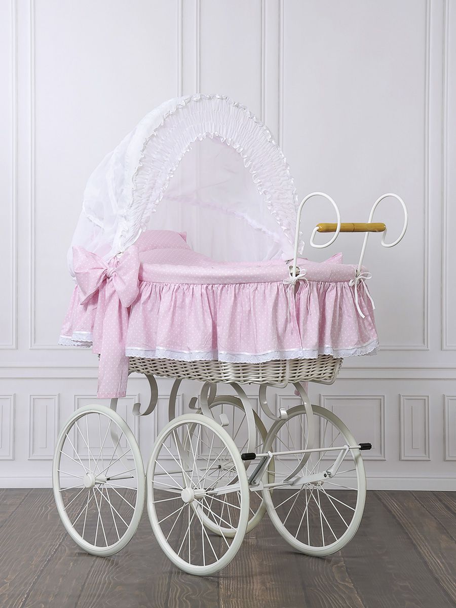 Moses Basket Wicker hood crib Retro wicker crib Christine - white + pink bedding
