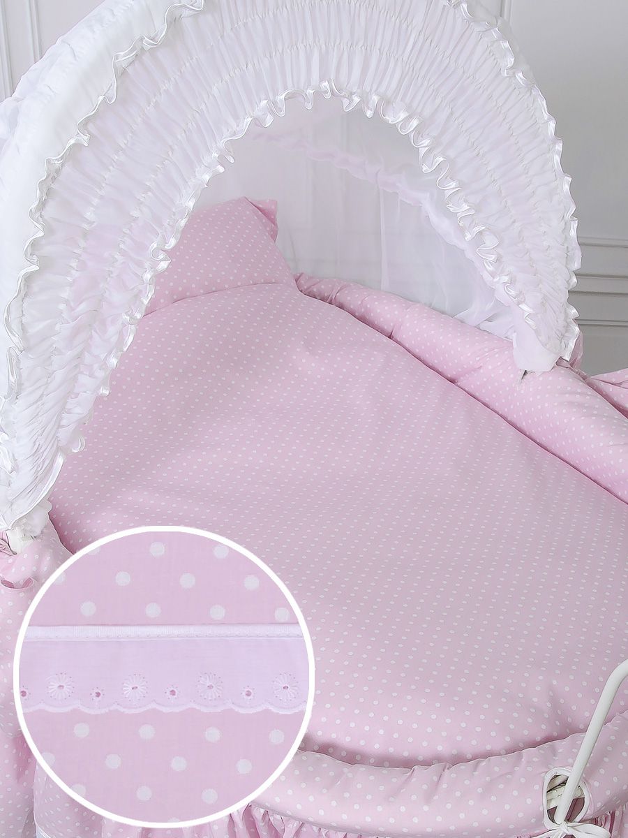 Moses Basket Wicker hood crib Retro wicker crib Christine - white + pink bedding